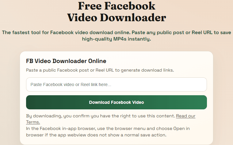 Facebook downloader page showing the live input card on the website.