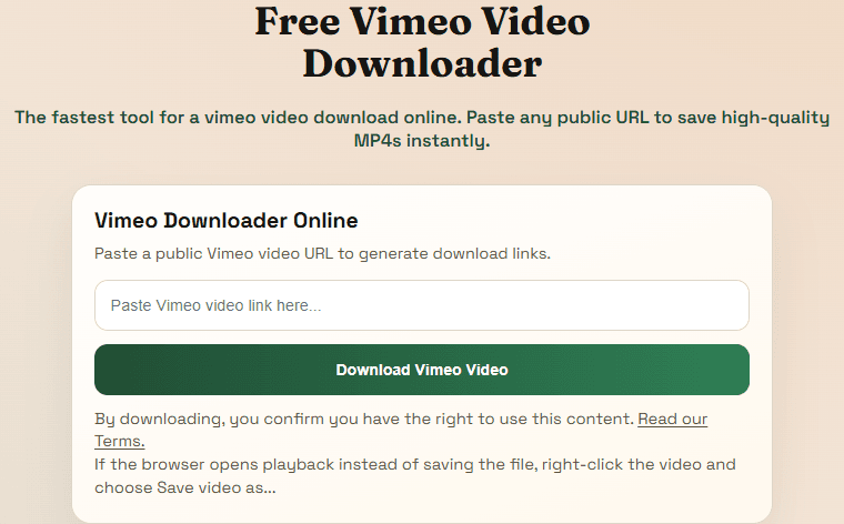 Vimeo downloader page showing the live input card on the website.