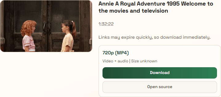 Analyze result page showing a live returned video result and download button.